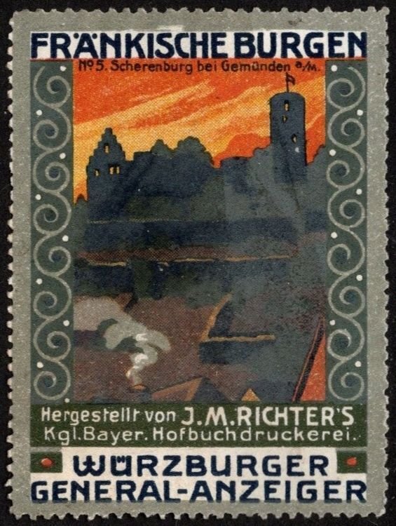 Vintage German Poster Stamp Scherenburg Castle Ruins Franconian Castles No. 5