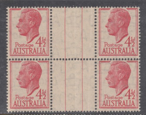 AUSTRALIA 1950 SG 248 4-1/2d GV1 Gutter Block of 4 folded MNH