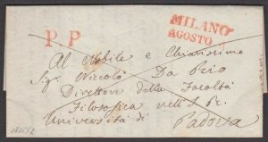 ITALY 1835 Entire MILAN TO PADUA - Paid with fine P P in red................W203 