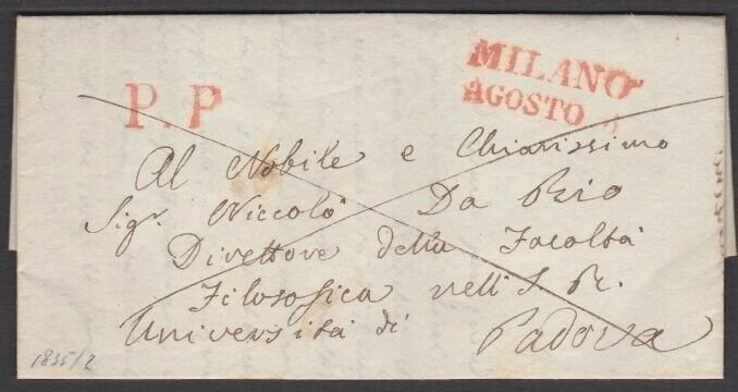 ITALY 1835 Entire MILAN TO PADUA - Paid with fine P P in red................W203 