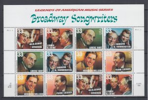 (F) USA #3345-50 Broadway Songwriters  Partial Sheet of 12 stamps MNH