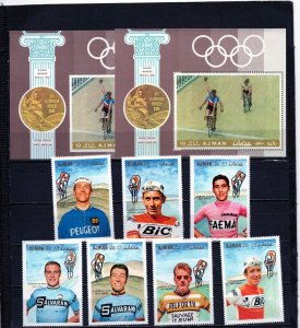 AJMAN 1969 SUMMER OLYMPIC GAMES MEXICO/CYCLING SET OF 7 STAMPS & 2 S/S MNH