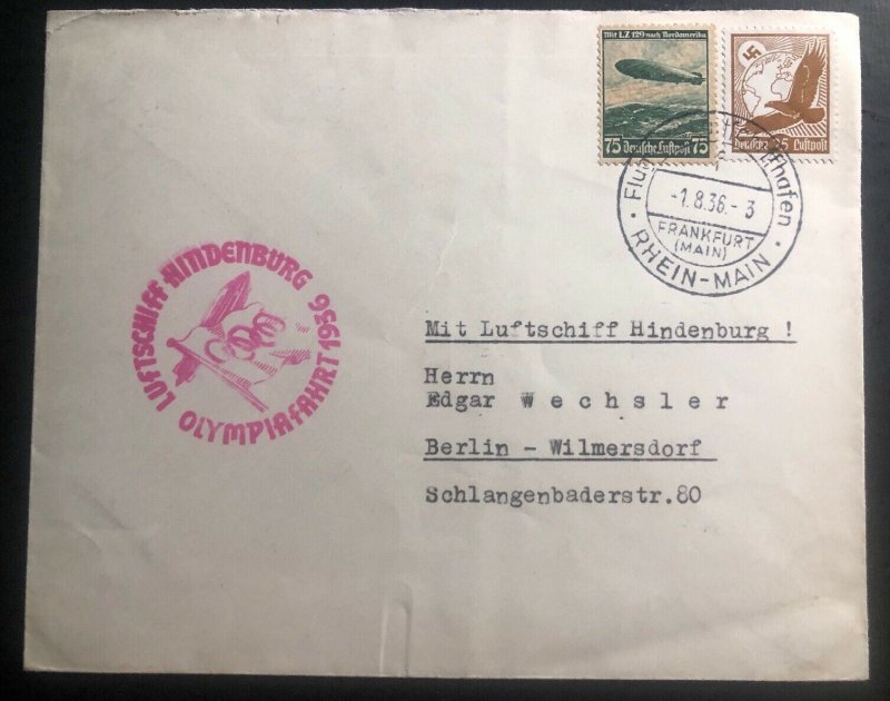 1936 Frankfurt Germany Hindenberg Zeppelin LZ 129 Olympic Flight cover To Berlin