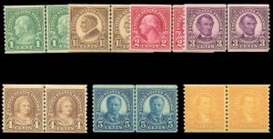 United States, 1910-30 #599-603 Cat$205, 1923 1c-10c, set of joint line pairs...