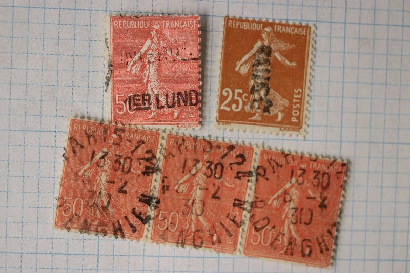 France sc#149 odd postmarks dated cancel overprints surcharge? small lot