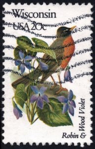 SC#2001A 20¢ State Birds & Flowers: Wisconsin; Perf 11¼ x 11 (1982) Used