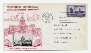 US 957 (Me-35) 3c Wisconsin Statehood single FDC Crosby Photo Cachet ECV $25.00