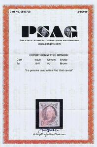 SC# 1a USED 5 CENT FRANKLIN, 1847, RED GRID CANCEL, 2019 PSAG CERT