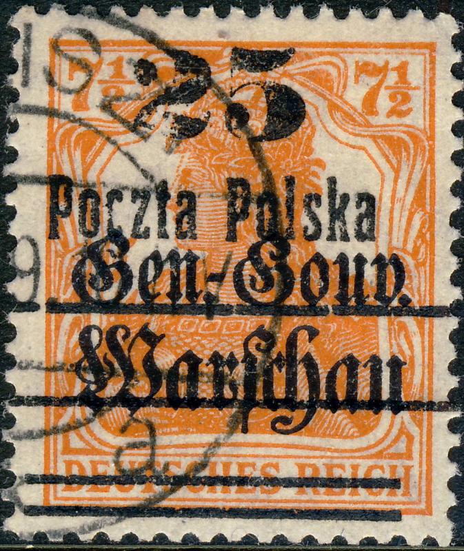 POLOGNE / POLAND - 1918 Mi.16.I  25f / 7 1/2pf O/P t.I Broken 2 Variety - CTO