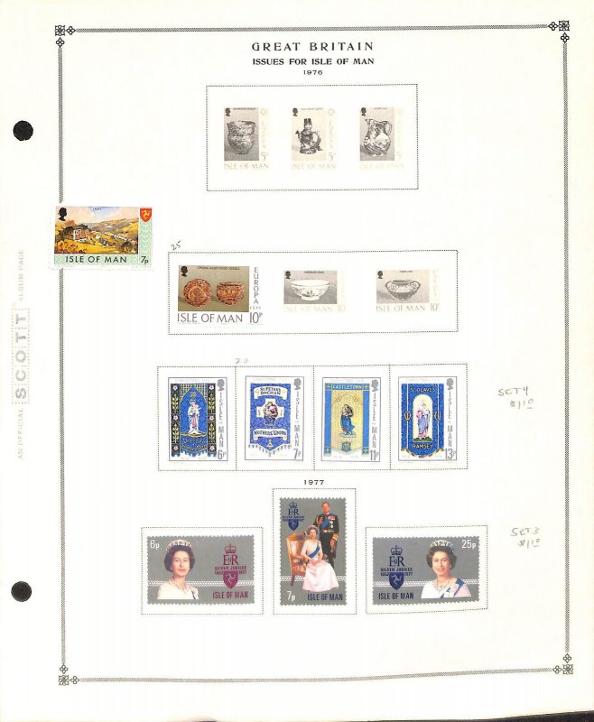 Isle of Man Stamp Collection on 6 Scott International Pages, 1973-1977 (AD)