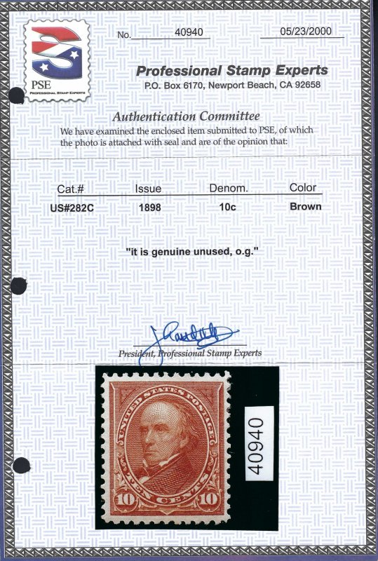 *282c, VERY FINE, ORIGINAL GUM, W/CERTIFICATE!  SCOTT $175