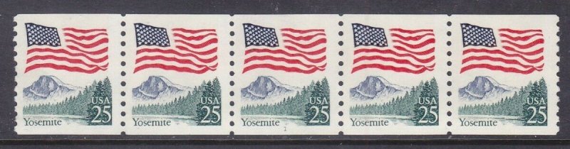 US 2280 MNH 1988 25¢ Flag over Yosemite PNC Strip of 5 Plate #1 - Block Tagging