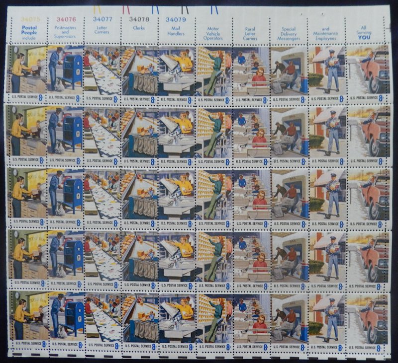 US #1489-1498 8c Postal Employees, F-VF NH or better,  FULL SHEET, post offic...