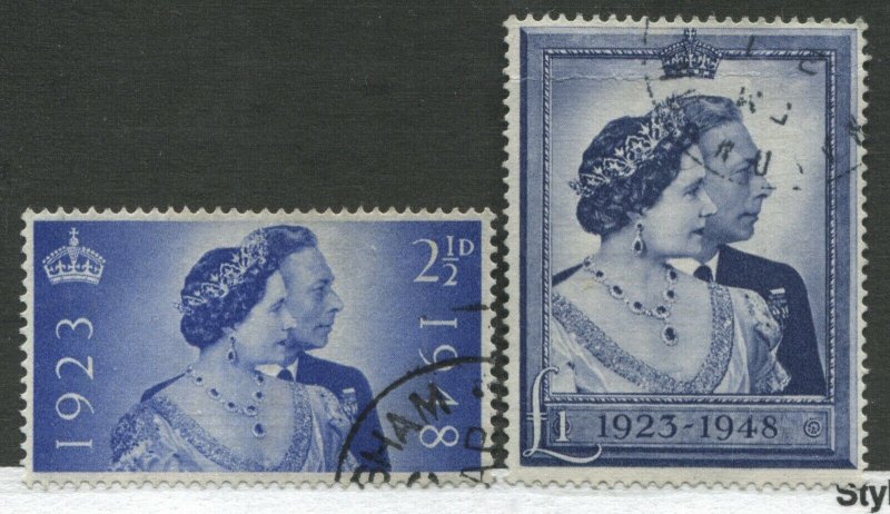 GB KGVI 1948 Silver Wedding set of 2 used, £1 slight crease