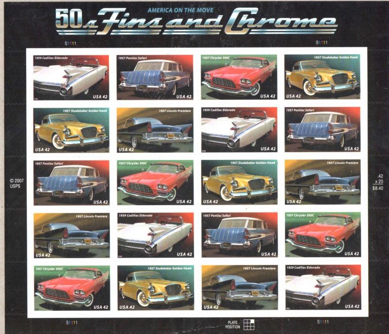 50s FINS AND CHROME STAMP SHEET -- USA #4353-4357 42 CENT 2008