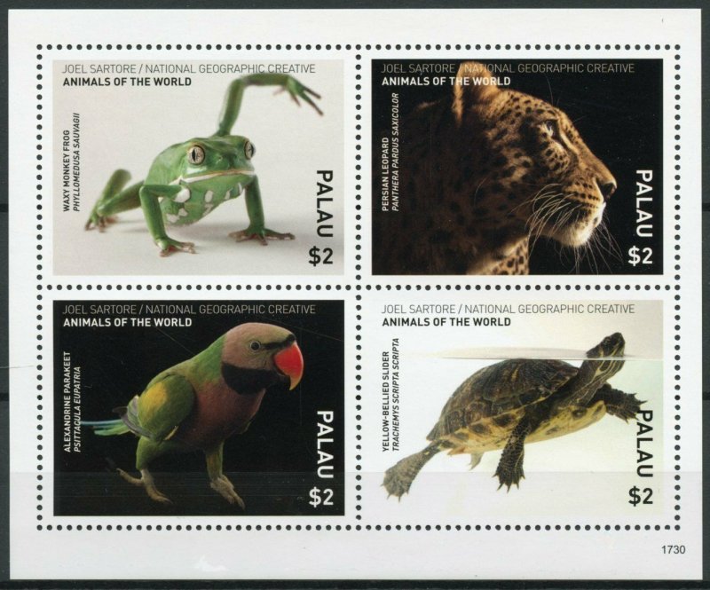 Palau 2017 MNH Wild Animals of World 4v M/S Frogs Turtles Birds Leopards Stamps 