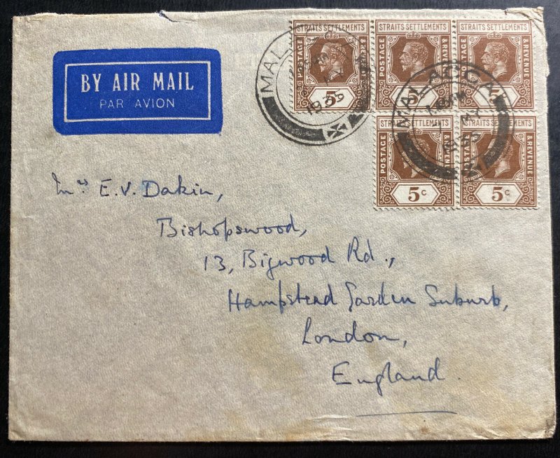 1935 Malacca Straits Settlements Airmail Cover To London England 