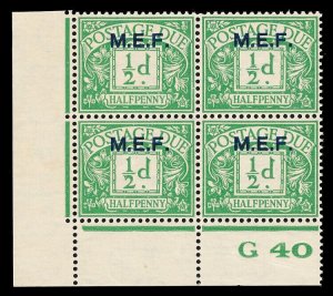 BOFIC-1942 KGVI MEF ½d emerald Postage Due MLH/MNH Control G40 block. SG MD1