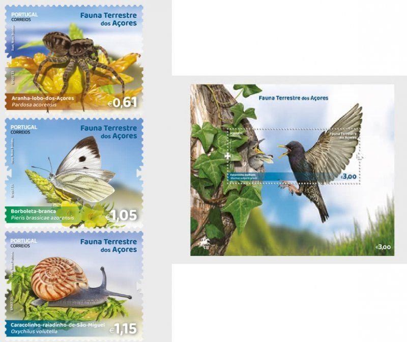 Portugal 2023 Wild fauna of Azores set of 3 stamps and block MNH