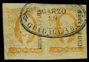 Mexico #2, 1856 1r yellow, Guadalajara, horizontal pair, used, large margins ...