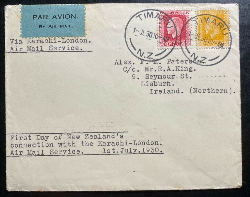 1930 Timaru New Zeland First Flight Airmail Cover To Lisburn Ireland 3 Known