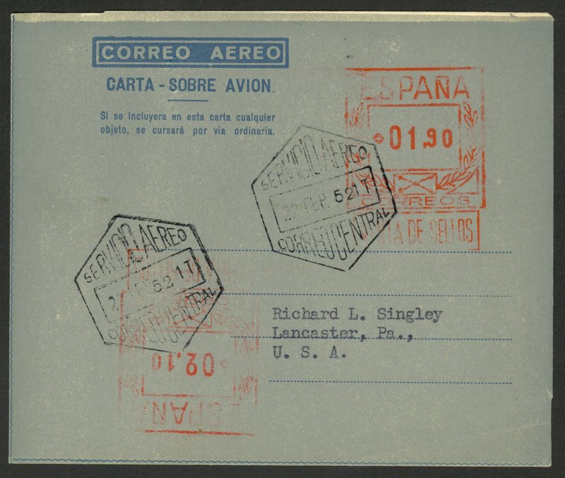 SPAIN 1952 1.90p+2.10p(Inverted) Aerogramme EDIFIL No. 20 USED