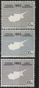 Cyprus # 198-200  Independence (Map of island)    (3) Mint NH