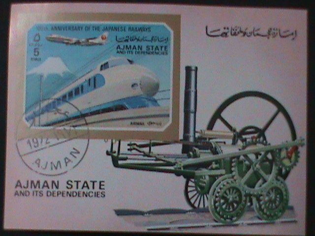 ​AJMAN-AIRMAIL-1972-CENTENARY OF JAPANESE RAILWAYS- CTO- S/S FANCY CANCEL-VF