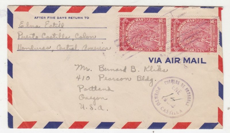 HONDURAS, 1952 Airmail cover, 16c.(2), Puerto Castilla to USA.