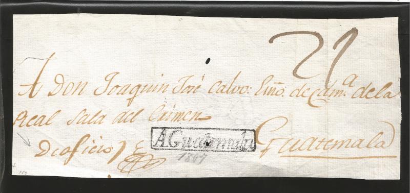 RG)1810 GUATEMALA, ANTIGUA GUATEMALA BLACK BOX, VERY RARE MARK, MANUSCRIPT RATE