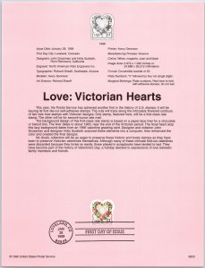 USPS SOUVENIR PAGE LOVE STAMP: VICTORIAN HEARTS DIE-CUT SELF-ADHESIVE 33c 1999