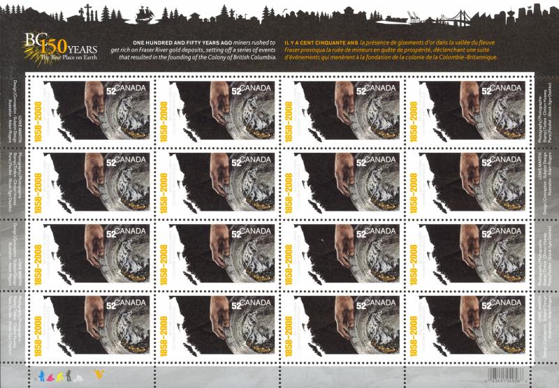 Canada Sc# 2283 MNH Pane/16 (inscribed) 2008 52¢ map of BC, panning for gold