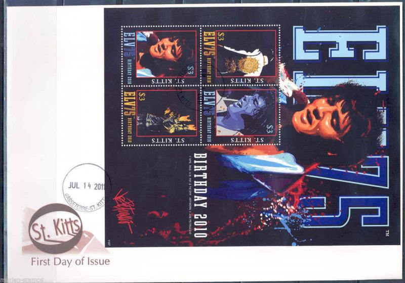 ST. KITTS  ELVIS PRESLEY 75th BIRTH ANNIVER.  SHEET OF FOUR II FIRST DAY COVER 