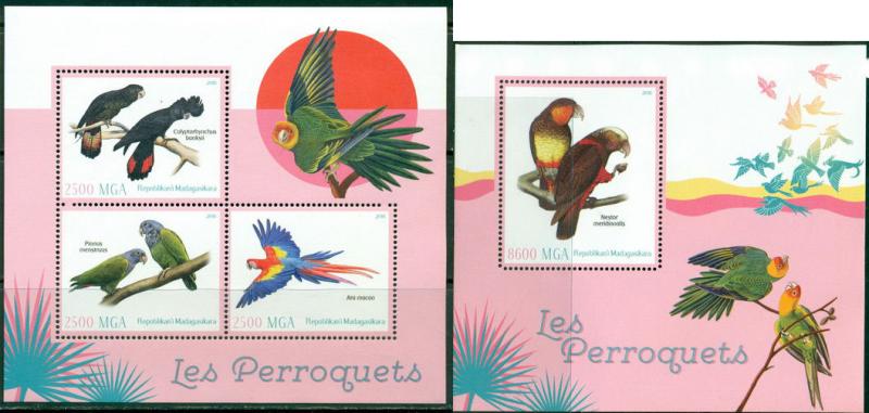 Parrots Perroquets Papagei Birds Madagascar MNH stamps set 2 sheets