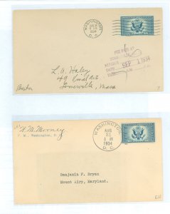 US CE1 (1934) 16c airmail special delivery (Great Seal of The United States) on two addressed uncacheted FDC (with two types of