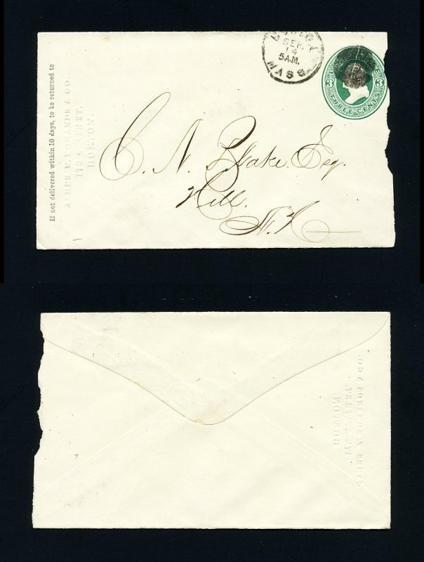 # U82 entire James F. Edwards & Co., Boston, MA to Hill, NH - 9-14-1870's