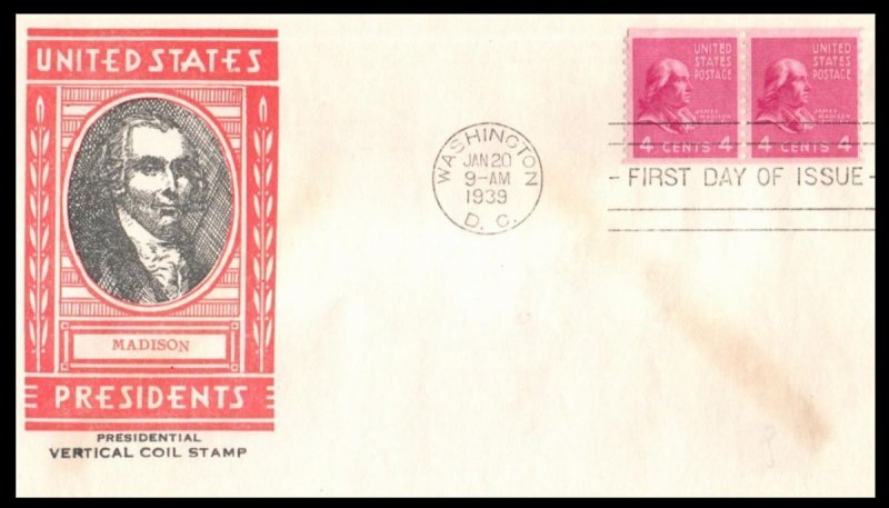 1939 Presidential series Prexy Sc 843-19 4c coil FDC with L. W. Staehle (T02
