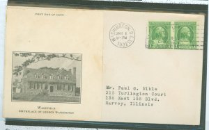 US 705 1932 1c  George Washington (part of the Washington Bi-Centennial series) pair on an addressed (typed) fdc with a rice (ad