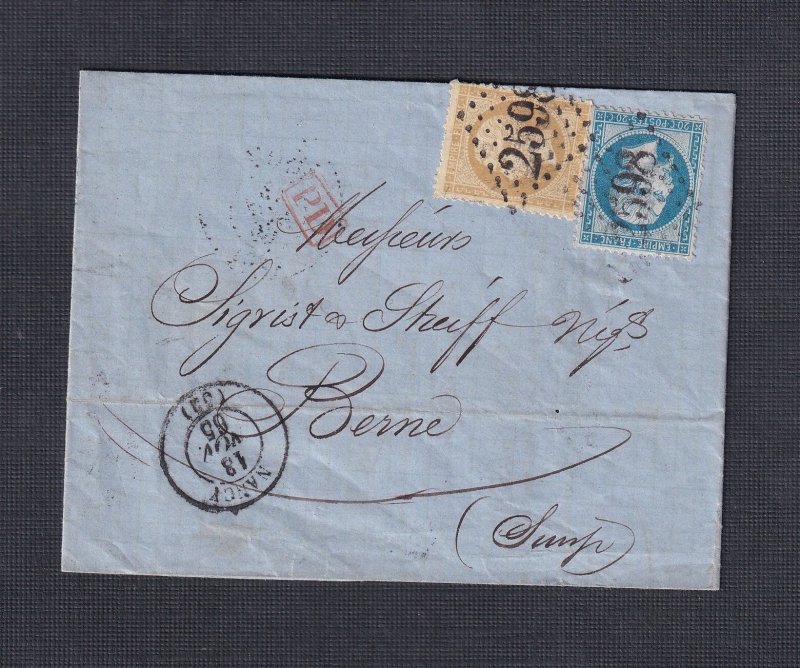 FRANCE 1865 10c & 20c ON FL NANCY #2598 TO BERN SWITZERLAND WITH CONTENTS