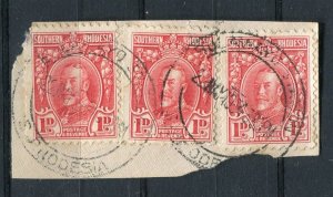 RHODESIA; 1930s early GV issue fine used Postmark Piece Strip of 3