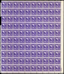 807, MNH 3¢ Misperforated Freak Error - Sheet of 100 Stamps *-* Stuart Katz