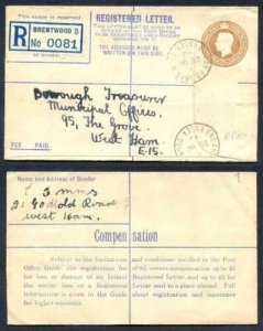 RP53 KGVI 5 1/2d Brown Registered Envelope Size F Used 