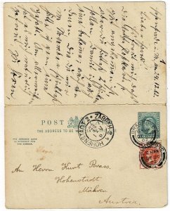 Great Britain 1902 complete postal reply card used to and from Austria