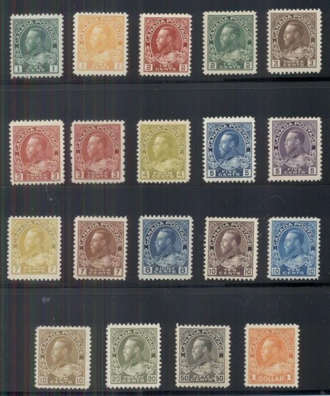 CANADA #104-22, 184 Complete set, Geo V, og, NH except #110,112 LH, Scott $2,757