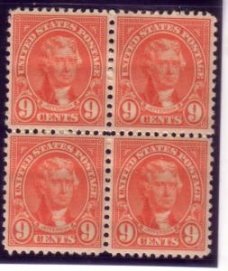 US #641 Jefferson 9c block of 4 (MNH)  CV $12.00