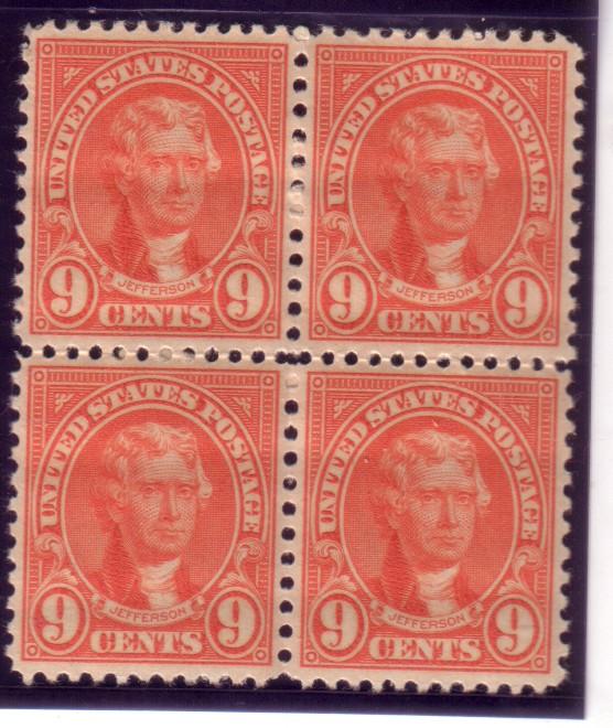 US #641 Jefferson 9c block of 4 (MNH)  CV $12.00