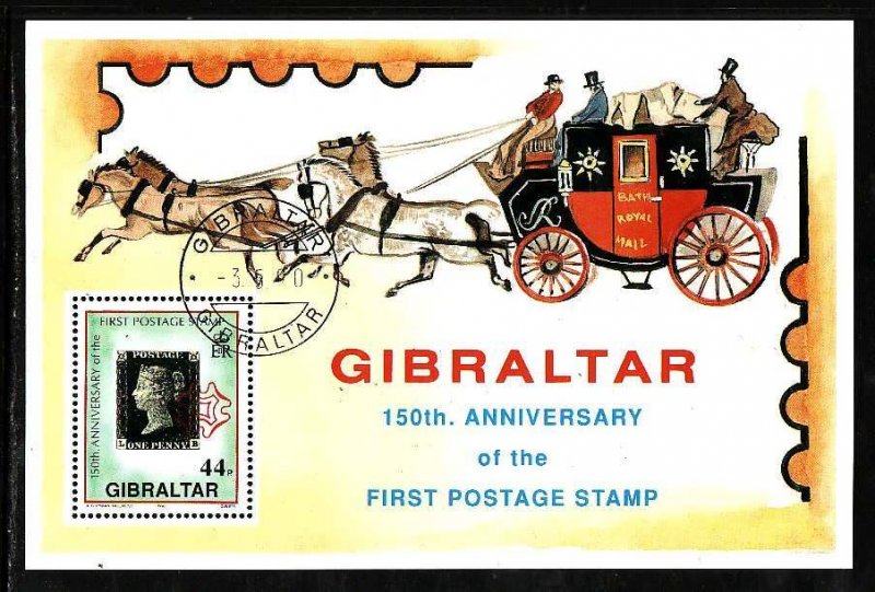 Gibraltar-Sc#573- id5-used sheet-Stamp on Stamp-Penny Black-1990-