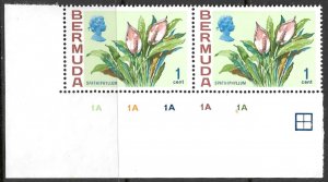 BERMUDA 1970 1c Spathiphyllum Flower Issue PLATE No Pair Sc 255 MNH