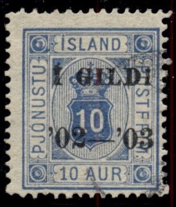 ICELAND #O27 (Tj17), 10aur I GILDI p.14x13½, scarce property used, Niesen cert