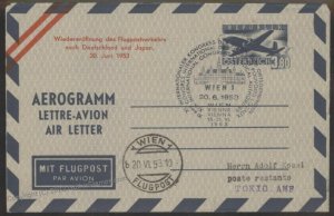 Austria 1953 Airmail Aerogram Cover Vienna Tokyo G107952